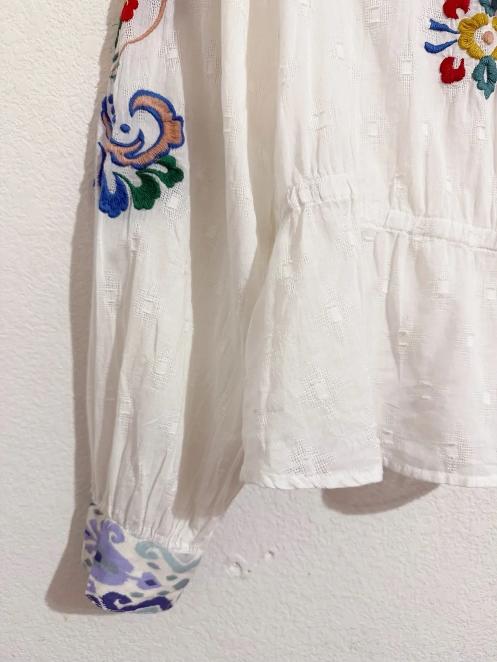 Anthropologie Forever That Girl Embroidered Peplum Blouse in White
